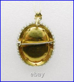 18K Yellow Gold Antique Pearl Hand Painted Victorian Lady Brooch Pendant -LB2364