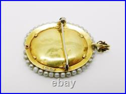 18K Yellow Gold Antique Pearl Hand Painted Victorian Lady Brooch Pendant -LB2364