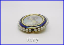 18K Yellow Gold Antique Pearl Hand Painted Victorian Lady Brooch Pendant -LB2364