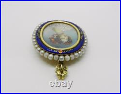 18K Yellow Gold Antique Pearl Hand Painted Victorian Lady Brooch Pendant -LB2364