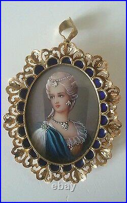 18 Kt Italy Corletto Hand Painted Victorian Cameo Precious Stones Pendant Brooch