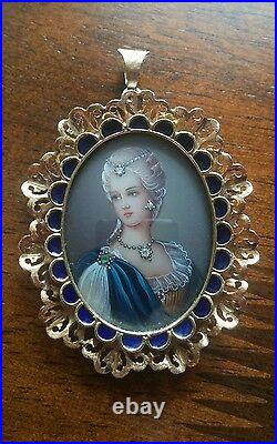 18 Kt Italy Corletto Hand Painted Victorian Cameo Precious Stones Pendant Brooch