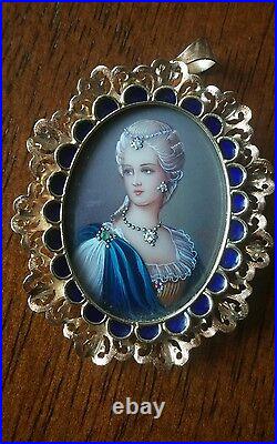 18 Kt Italy Corletto Hand Painted Victorian Cameo Precious Stones Pendant Brooch