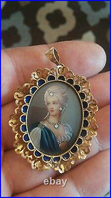 18 Kt Italy Corletto Hand Painted Victorian Cameo Precious Stones Pendant Brooch