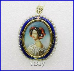 18k Yellow Gold Antique Enamel Pearl Hand Painted Victorian Lady Brooch Lb2364