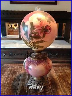 1900 1940 Antique Gone With the Wind Kerosene Oil Hand Painted Rose Lamp