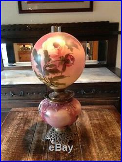 1900 1940 Antique Gone With the Wind Kerosene Oil Hand Painted Rose Lamp