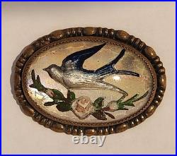 1900's Victorian Reverse Painted Swallow Bird Lapel Pin Brooch Bubble Glass Pink
