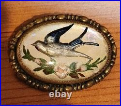 1900's Victorian Reverse Painted Swallow Bird Lapel Pin Brooch Bubble Glass Pink