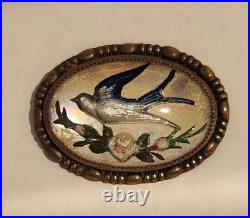 1900's Victorian Reverse Painted Swallow Bird Lapel Pin Brooch Bubble Glass Pink