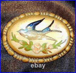 1900's Victorian Reverse Painted Swallow Bird Lapel Pin Brooch Bubble Glass Pink