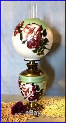 1900s SUCCESS PITTSBURGH KEROSENE OIL LAMP GLASS GLOBE HAND PAINTED RED ROSES