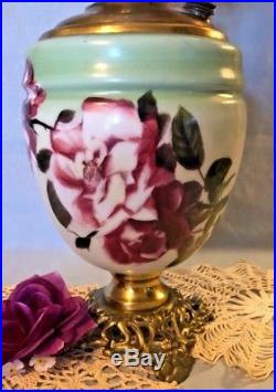 1900s SUCCESS PITTSBURGH KEROSENE OIL LAMP GLASS GLOBE HAND PAINTED RED ROSES