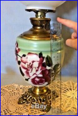 1900s SUCCESS PITTSBURGH KEROSENE OIL LAMP GLASS GLOBE HAND PAINTED RED ROSES