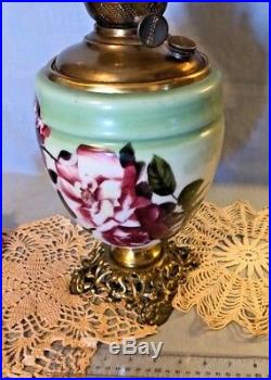 1900s SUCCESS PITTSBURGH KEROSENE OIL LAMP GLASS GLOBE HAND PAINTED RED ROSES