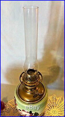 1900s SUCCESS PITTSBURGH KEROSENE OIL LAMP GLASS GLOBE HAND PAINTED RED ROSES