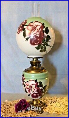 1900s SUCCESS PITTSBURGH KEROSENE OIL LAMP GLASS GLOBE HAND PAINTED RED ROSES