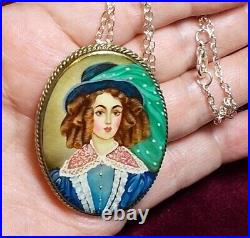 1920s Large Mother of Pearl Hand Painted Victorian Cameo Brooch Adapter Necklace