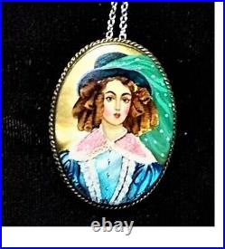 1920s Large Mother of Pearl Hand Painted Victorian Cameo Brooch Adapter Necklace