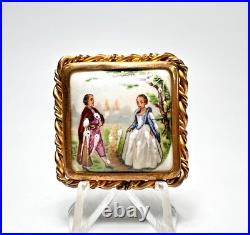 1930s French Limoges Hand-Painted Porcelain Victorian Courting Couple Brooch Pin