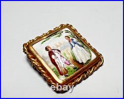 1930s French Limoges Hand-Painted Porcelain Victorian Courting Couple Brooch Pin