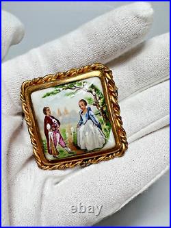 1930s French Limoges Hand-Painted Porcelain Victorian Courting Couple Brooch Pin