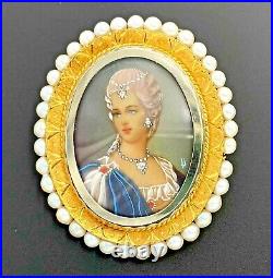 1960's 18k Yellow Gold Italy Pearl Hand Painted Victorian Mini Portrait Brooch