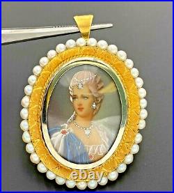 1960's 18k Yellow Gold Italy Pearl Hand Painted Victorian Mini Portrait Brooch