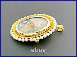 1960's 18k Yellow Gold Italy Pearl Hand Painted Victorian Mini Portrait Brooch