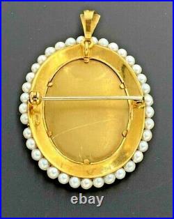 1960's 18k Yellow Gold Italy Pearl Hand Painted Victorian Mini Portrait Brooch