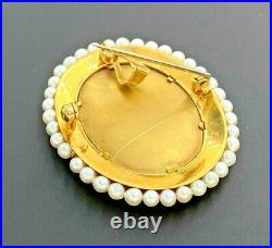 1960's 18k Yellow Gold Italy Pearl Hand Painted Victorian Mini Portrait Brooch