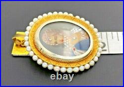 1960's 18k Yellow Gold Italy Pearl Hand Painted Victorian Mini Portrait Brooch