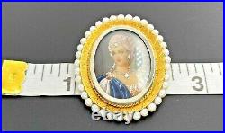 1960's 18k Yellow Gold Italy Pearl Hand Painted Victorian Mini Portrait Brooch