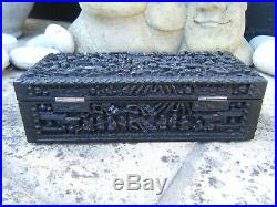 19c RARE SOLID EBONY CHINESE HAND CARVED CANTON ANTIQUE BOX LOVELY INTERIOR