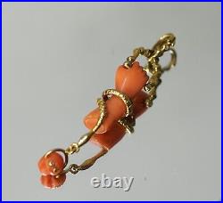 19c. Victorian Red Coral Hand 18k Gold Snake Skull Memento Mori Diamonds Pendant