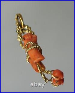 19c. Victorian Red Coral Hand 18k Gold Snake Skull Memento Mori Diamonds Pendant