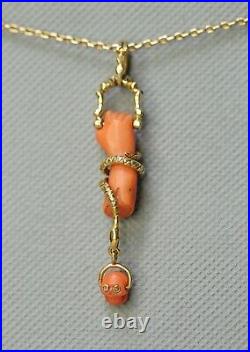 19c. Victorian Red Coral Hand 18k Gold Snake Skull Memento Mori Diamonds Pendant