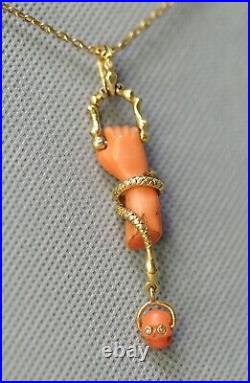 19c. Victorian Red Coral Hand 18k Gold Snake Skull Memento Mori Diamonds Pendant