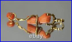 19c. Victorian Red Coral Hand 18k Gold Snake Skull Memento Mori Diamonds Pendant