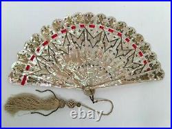 19th C. FRENCH MOTHER of PEARL HAND FAN withGilded Silver Inlaid