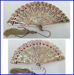 19th C. FRENCH MOTHER of PEARL HAND FAN withGilded Silver Inlaid