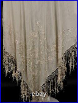 19th C Large Silk Shawl W Chinese Canton Hand Embroidered Floral Detail