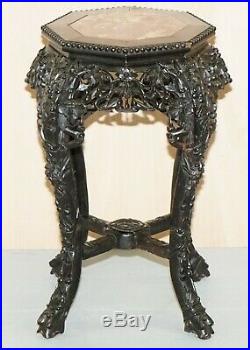 19th Century Chinese Hand Carved Wood, Marble Topped Ebonised Stand Jardiniere