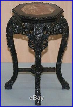 19th Century Chinese Hand Carved Wood, Marble Topped Ebonised Stand Jardiniere