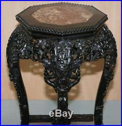 19th Century Chinese Hand Carved Wood, Marble Topped Ebonised Stand Jardiniere