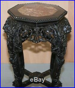 19th Century Chinese Hand Carved Wood, Marble Topped Ebonised Stand Jardiniere