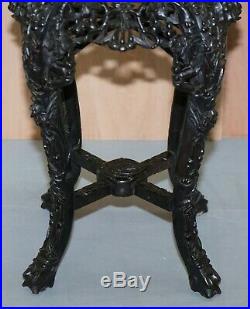 19th Century Chinese Hand Carved Wood, Marble Topped Ebonised Stand Jardiniere