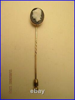 19th Century, Hand Engraved Sardonyx Agate, 14K, Stick Pin, of Neo-Classical Lady