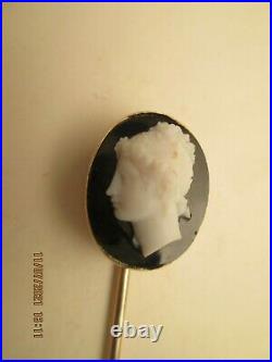 19th Century, Hand Engraved Sardonyx Agate, 14K, Stick Pin, of Neo-Classical Lady