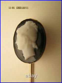19th Century, Hand Engraved Sardonyx Agate, 14K, Stick Pin, of Neo-Classical Lady